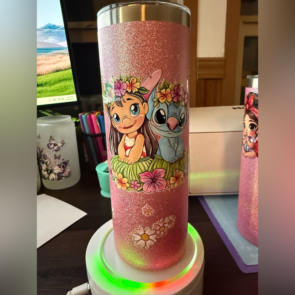 Pink Glitter Tumbler with Floral Cartoon Design